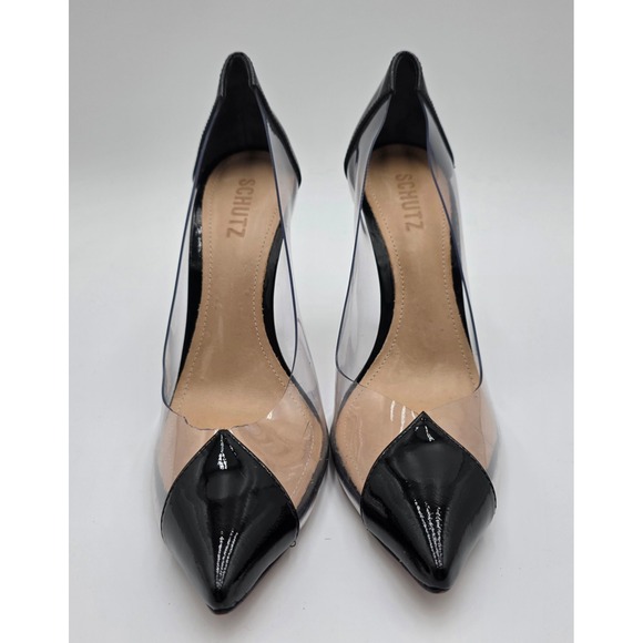 Schutz Cendi Black Patent Leather Transparent Vinyl Pointed Toe Pumps Size 9B - Picture 9 of 11